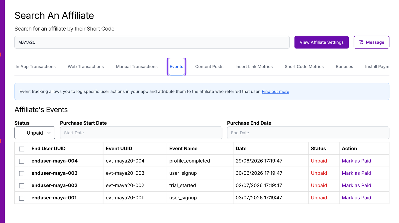 Events tab in the Search Affiliate section listing tracked events such as user signups and trial starts with their status and dates
