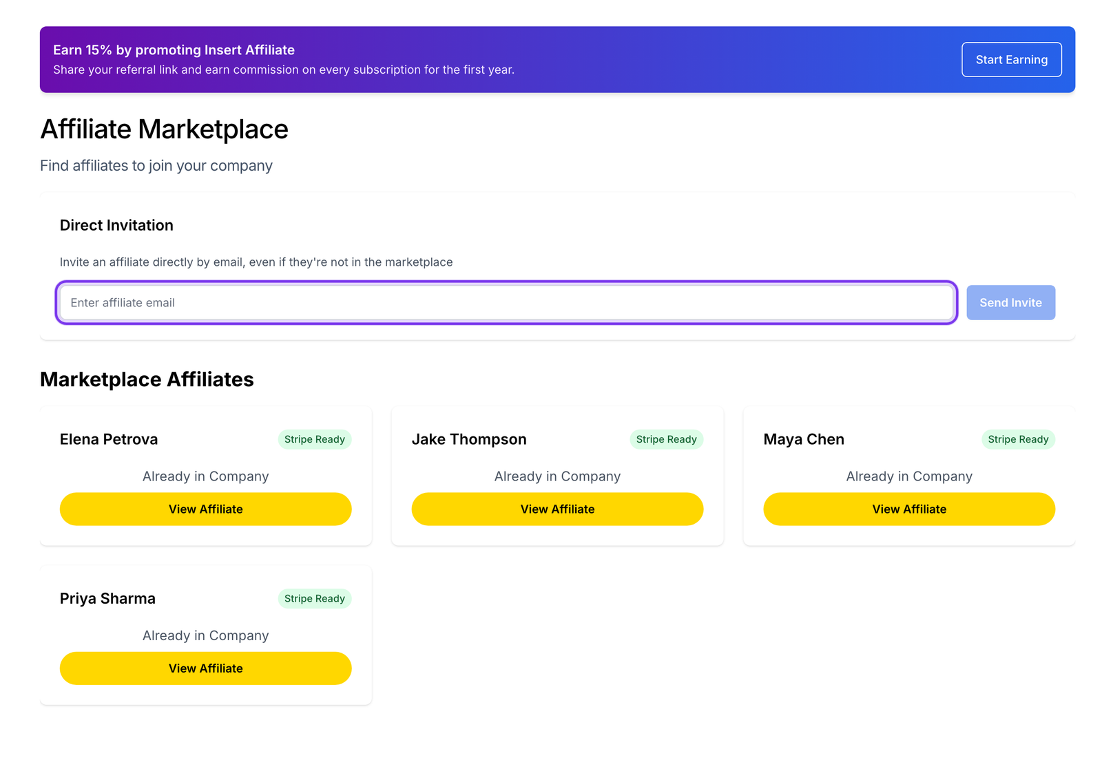 Affiliate Marketplace page showing the direct invitation email field highlighted and marketplace affiliate cards with invite and view options
