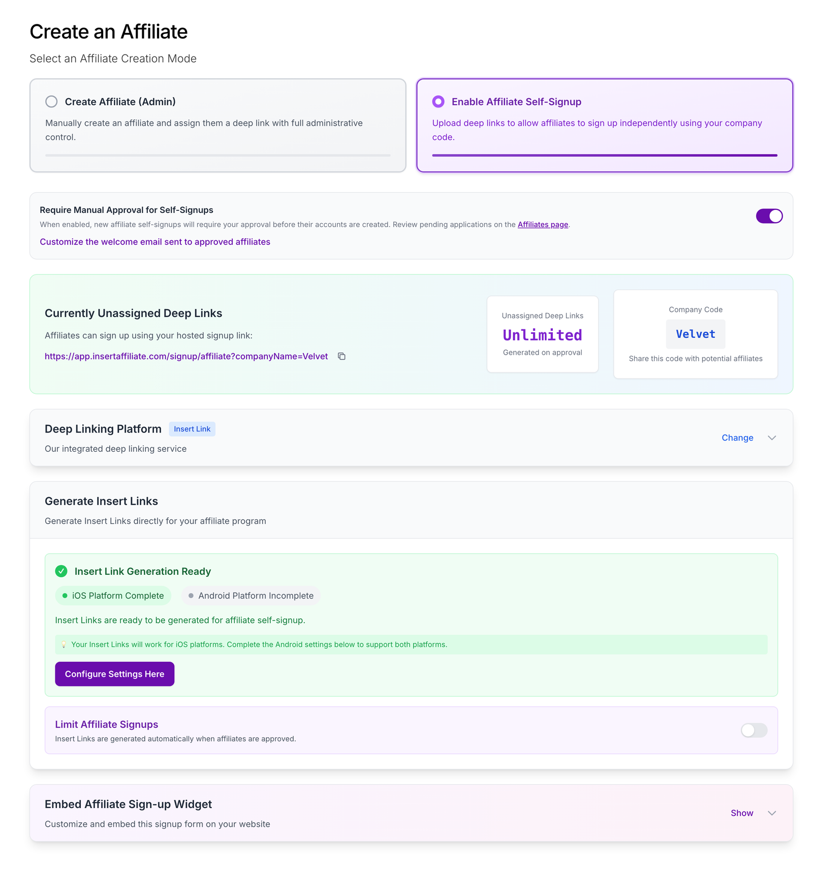 Affiliate Self-Signup mode on the Create Affiliate page, showing the hosted signup link, company code and automatic Insert Link generation