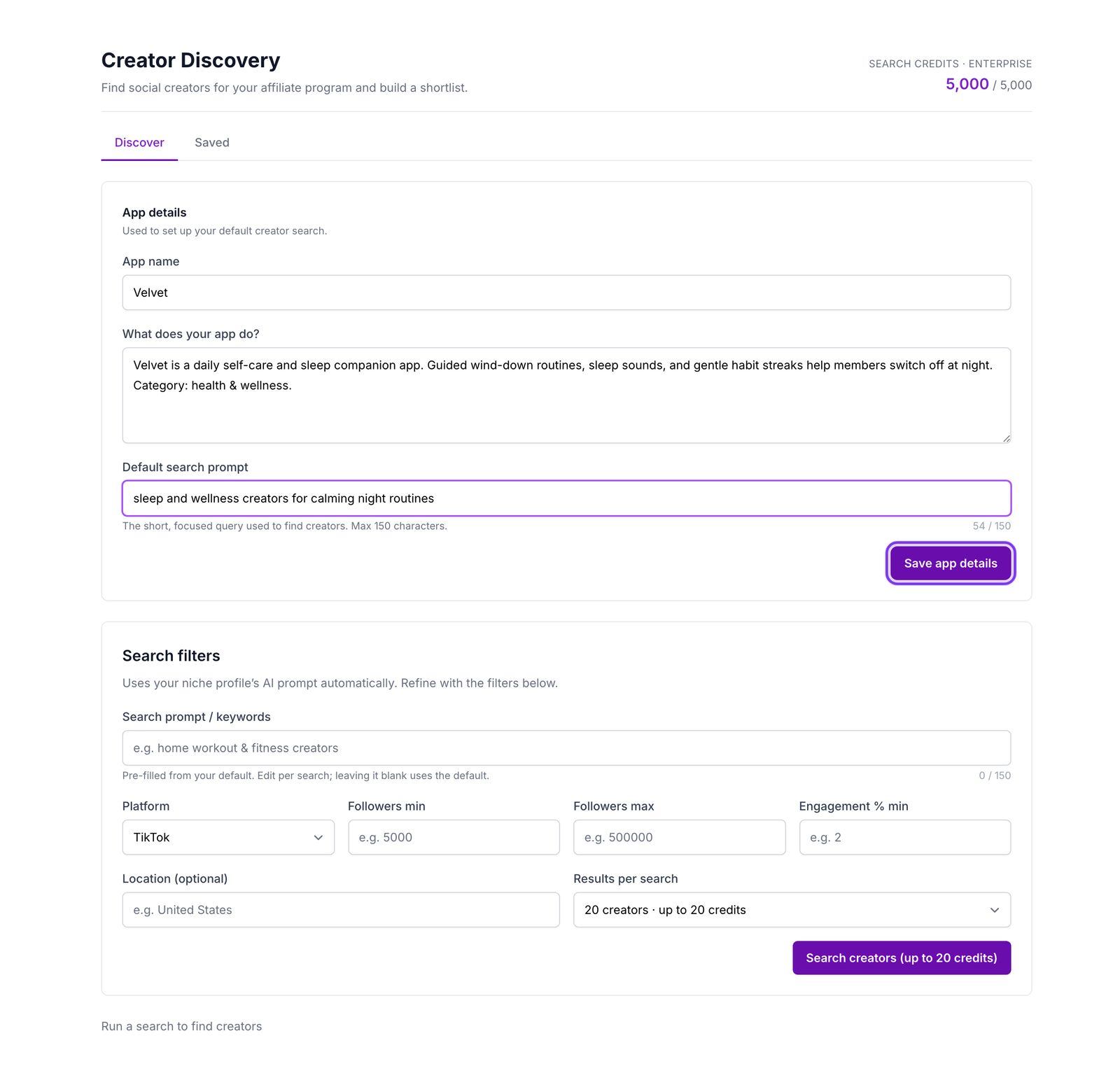 Creator Discovery page with the search credits meter, Discover and Saved tabs, and the App details form filled in with the Save app details button highlighted
