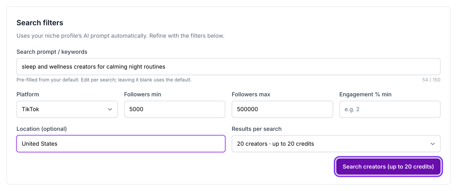 Search filters card in Creator Discovery with a search prompt, platform, follower range and location filled in, and the Search creators button highlighted