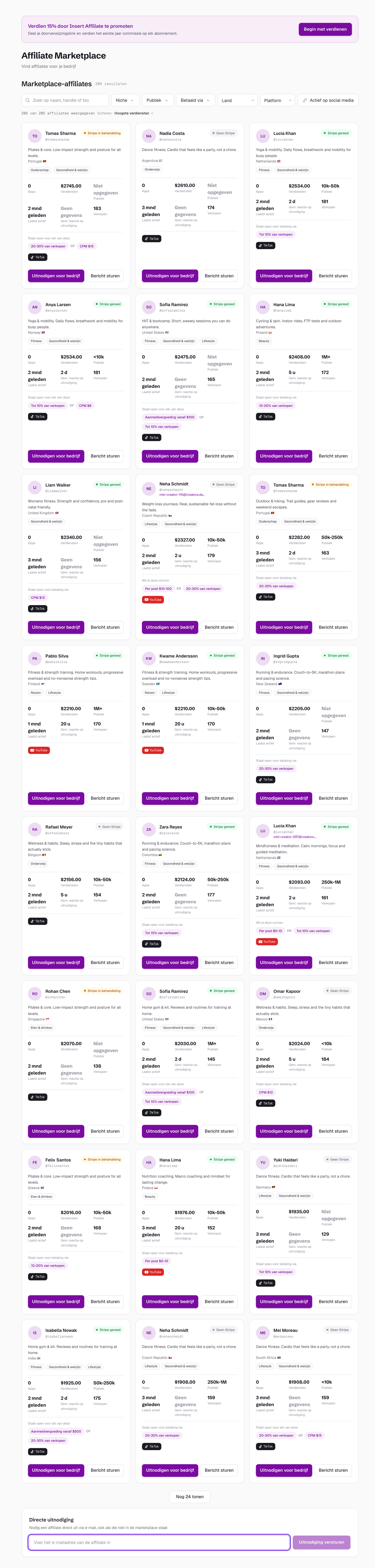 Pagina Affiliate Marketplace met het e-mailveld voor directe uitnodigingen gemarkeerd en kaarten van affiliates in de marketplace met opties om uit te nodigen en te bekijken