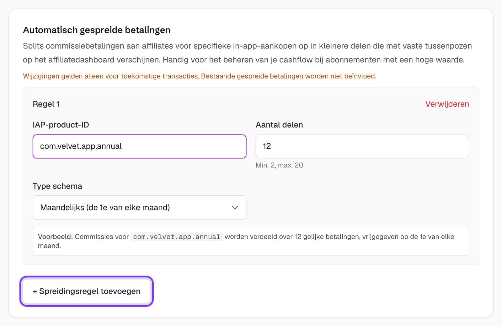 Het onderdeel Auto Chunk Payments in Instellingen met een ingestelde regel die een IAP-product opsplitst in 12 maandelijkse termijnen, waarbij de knop Add Chunk Rule is gemarkeerd