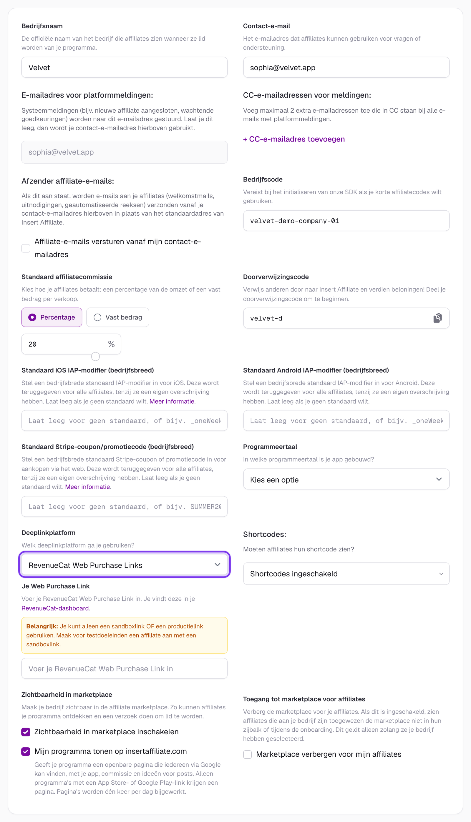 Bedrijfsinstellingen met de vervolgkeuzelijst Deeplinkplatform ingesteld op RevenueCat Web Purchase Links