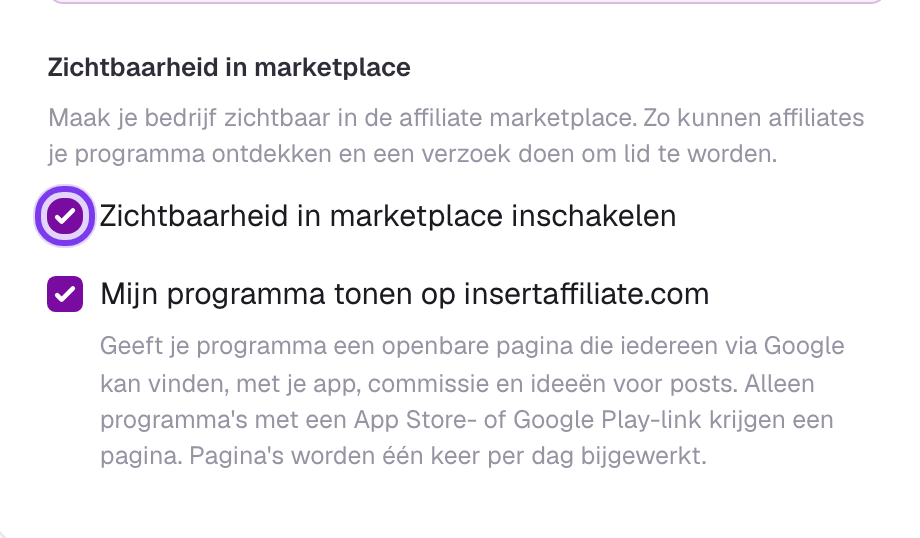 Instelling Zichtbaarheid in de marketplace in de bedrijfsinstellingen, met het vinkje voor zichtbaarheid in de marketplace aangevinkt en gemarkeerd