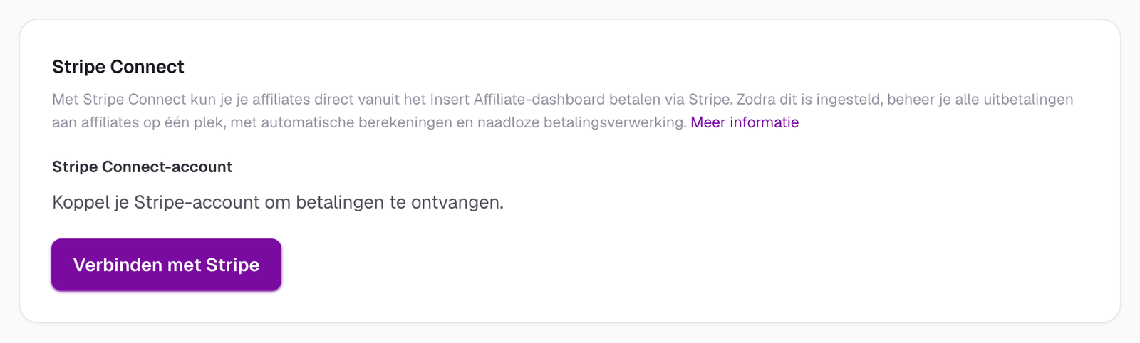 Het onderdeel Stripe Connect in de instellingen van het Insert Affiliate-dashboard