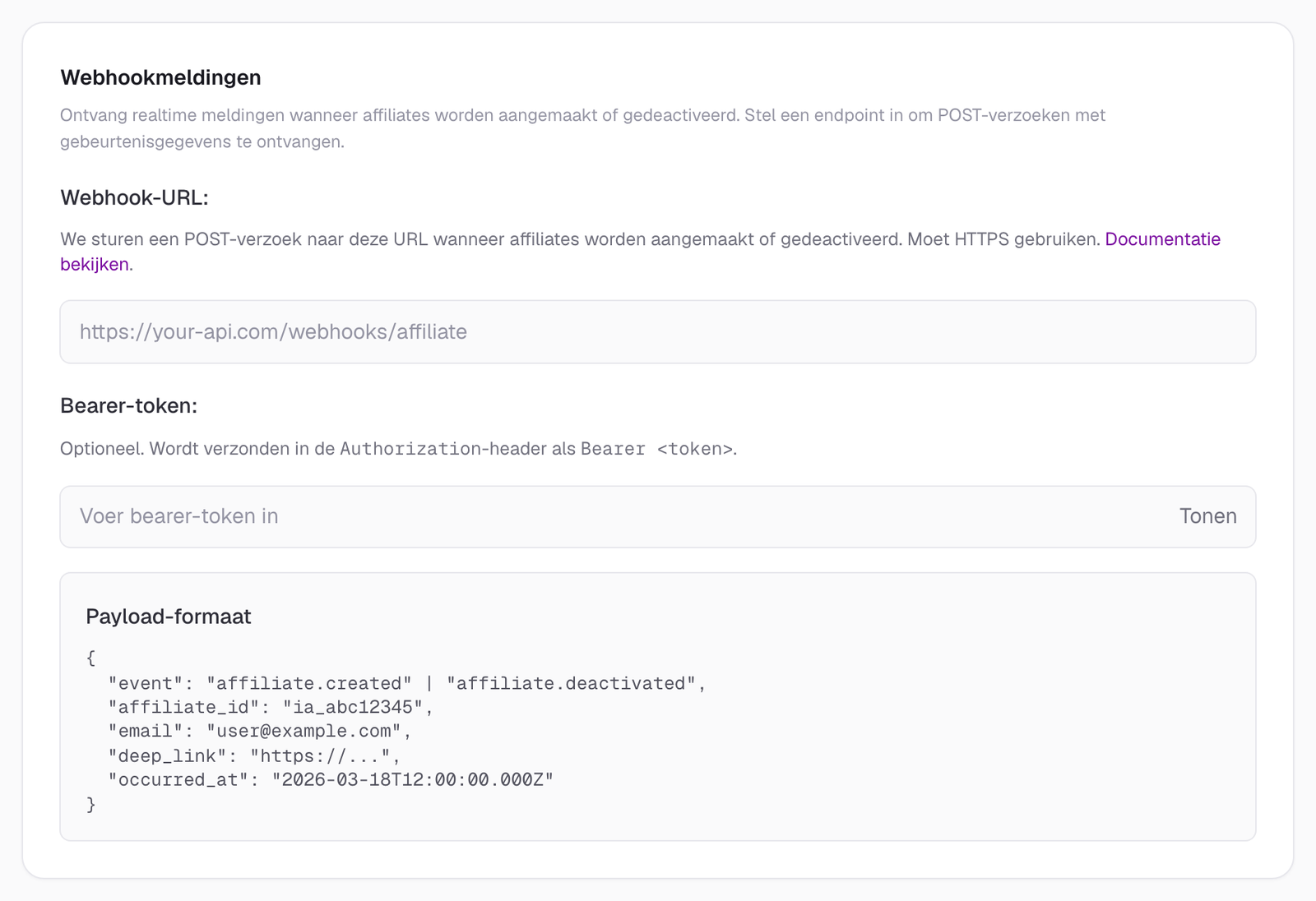 Sectie Webhookmeldingen in de instellingen van het Insert Affiliate-dashboard