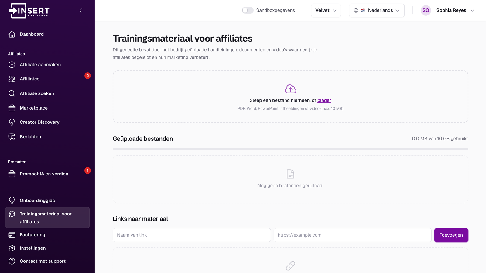 Beheerpagina voor trainingsmateriaal voor affiliates in het Insert Affiliate-dashboard