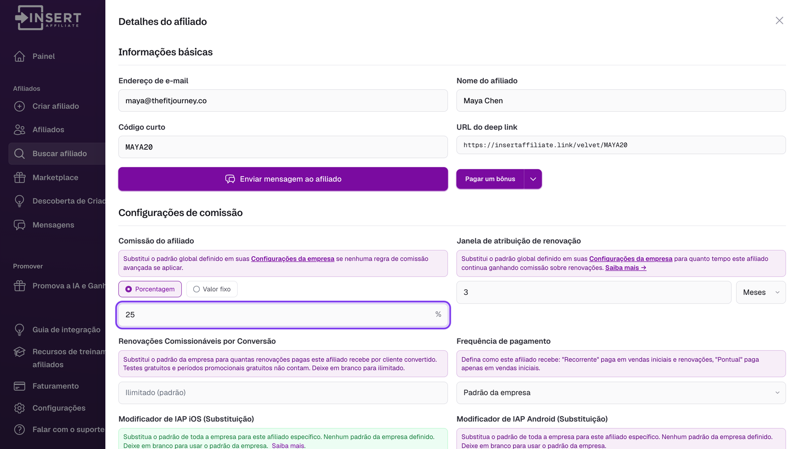 Painel Affiliate Details com o campo de porcentagem de comissão individual do afiliado destacado, substituindo o padrão da empresa