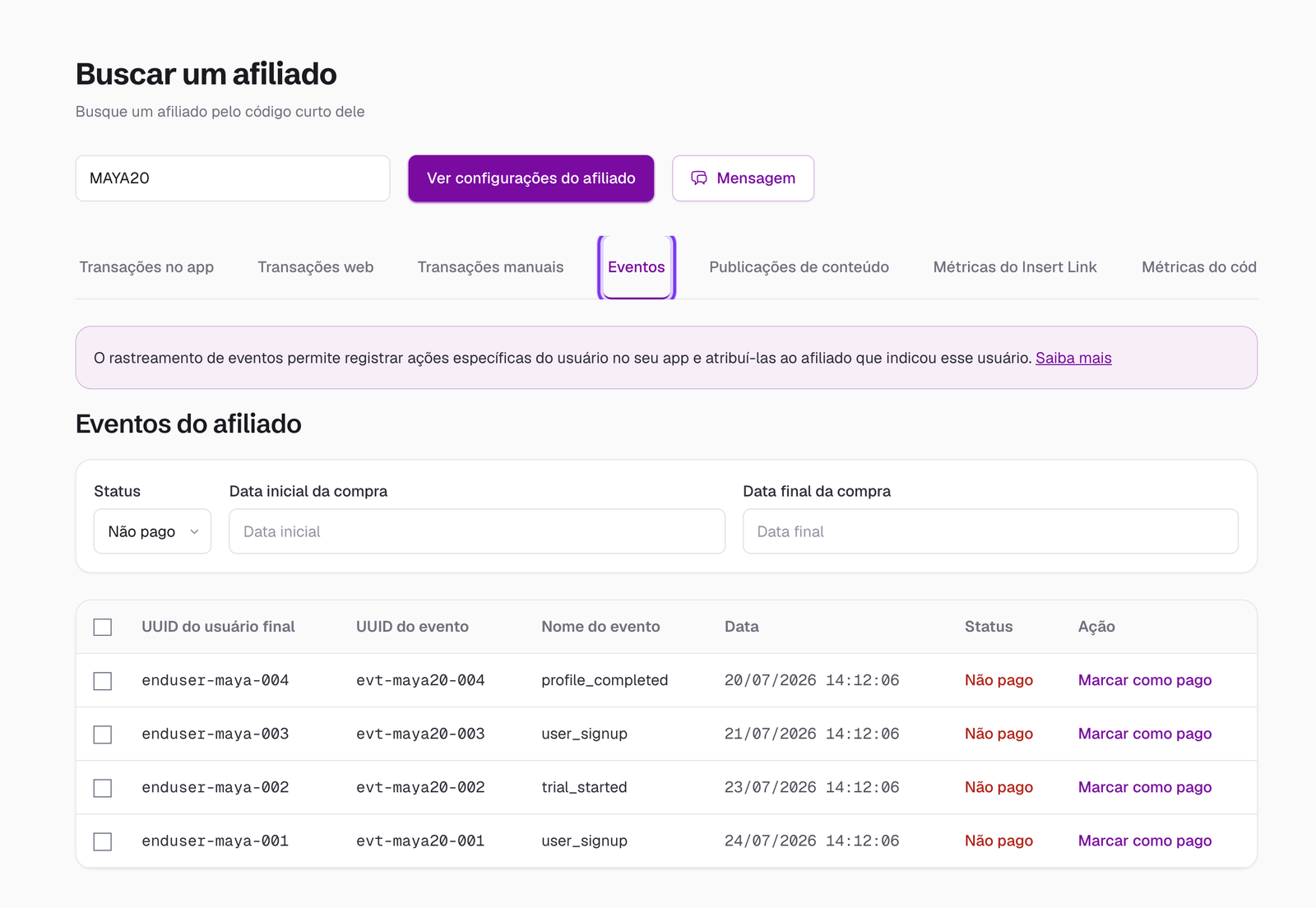 Aba Events na seção Search Affiliate listando eventos rastreados como cadastros de usuários e inícios de teste, com seus status e datas
