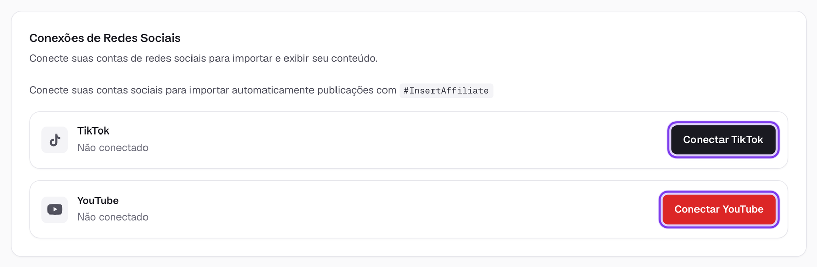 Seção Social Media Connections nas configurações do afiliado com os botões Connect TikTok e Connect YouTube destacados