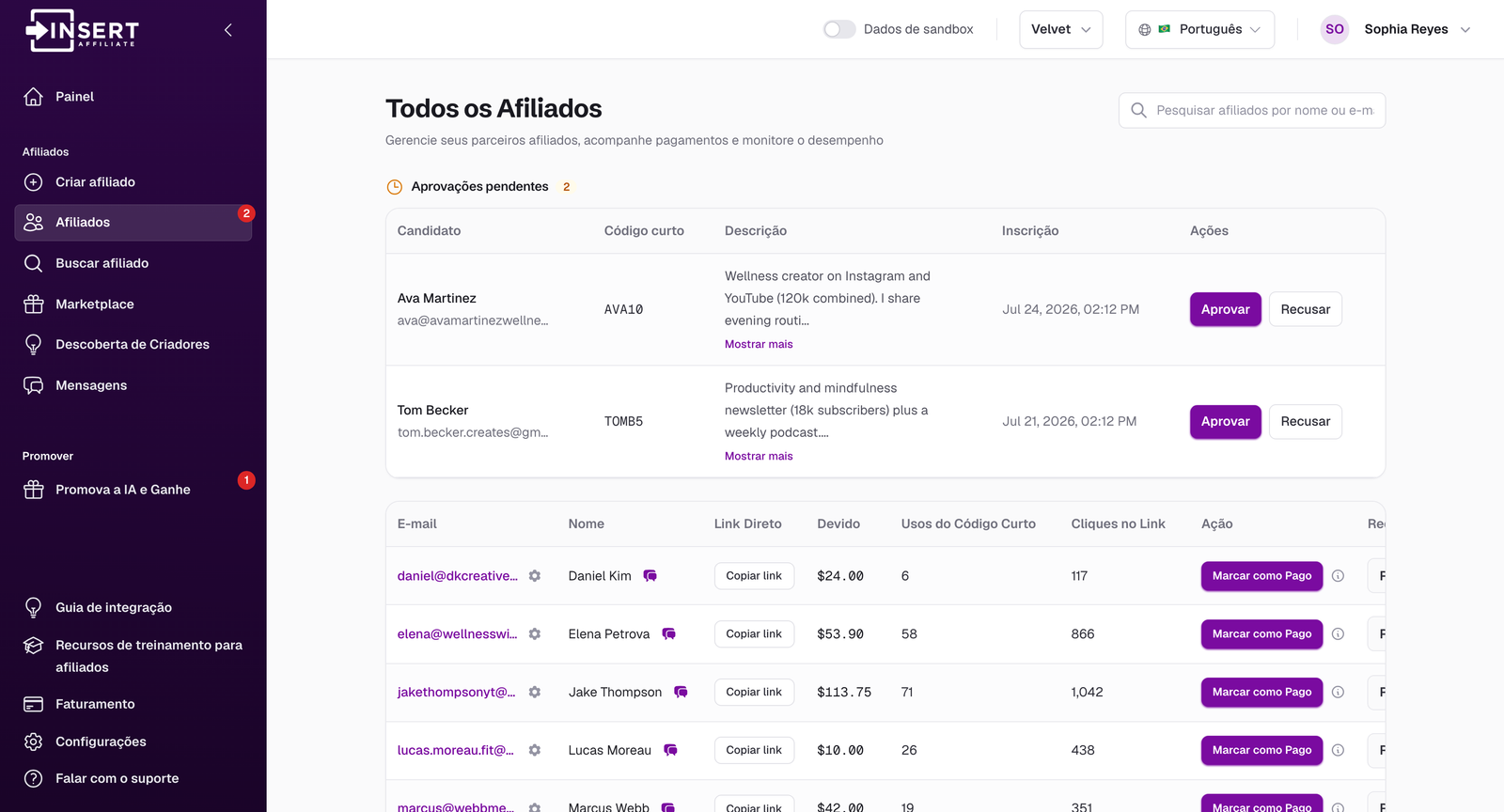 Tabela de todos os afiliados no painel da Insert Affiliate com valores devidos e botões Mark as Paid