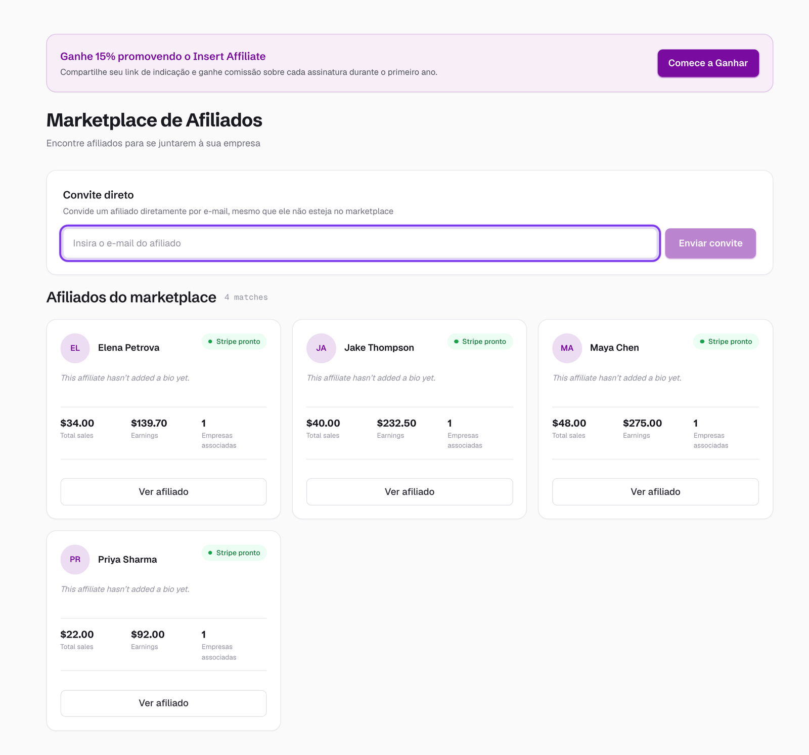 Página Affiliate Marketplace mostrando o campo de e-mail para convite direto destacado e os cartões de afiliados do marketplace com opções de convidar e visualizar
