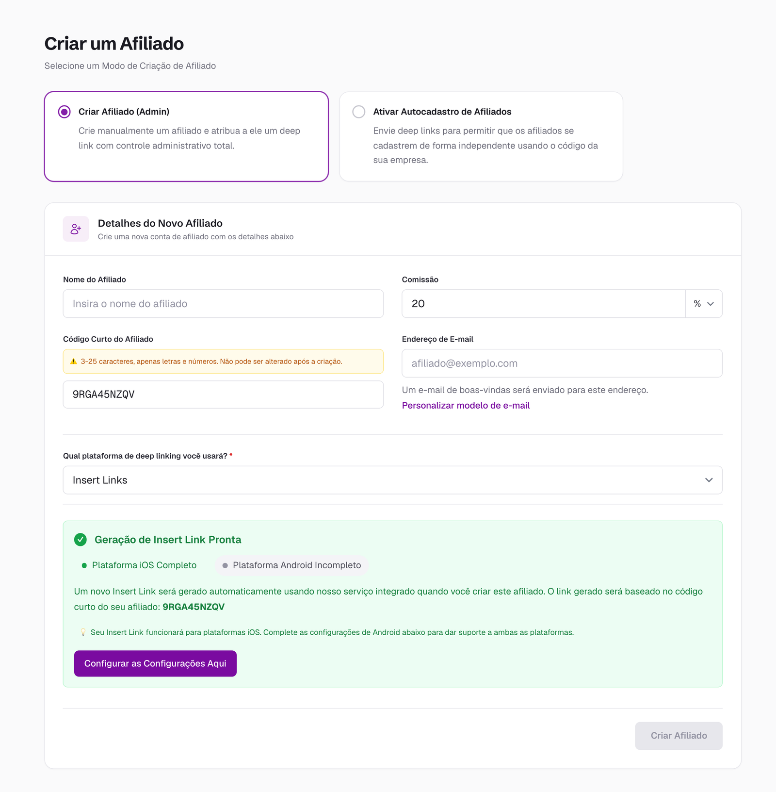 Formulário Create an Affiliate com Insert Link selecionado e a geração automática de link pronta