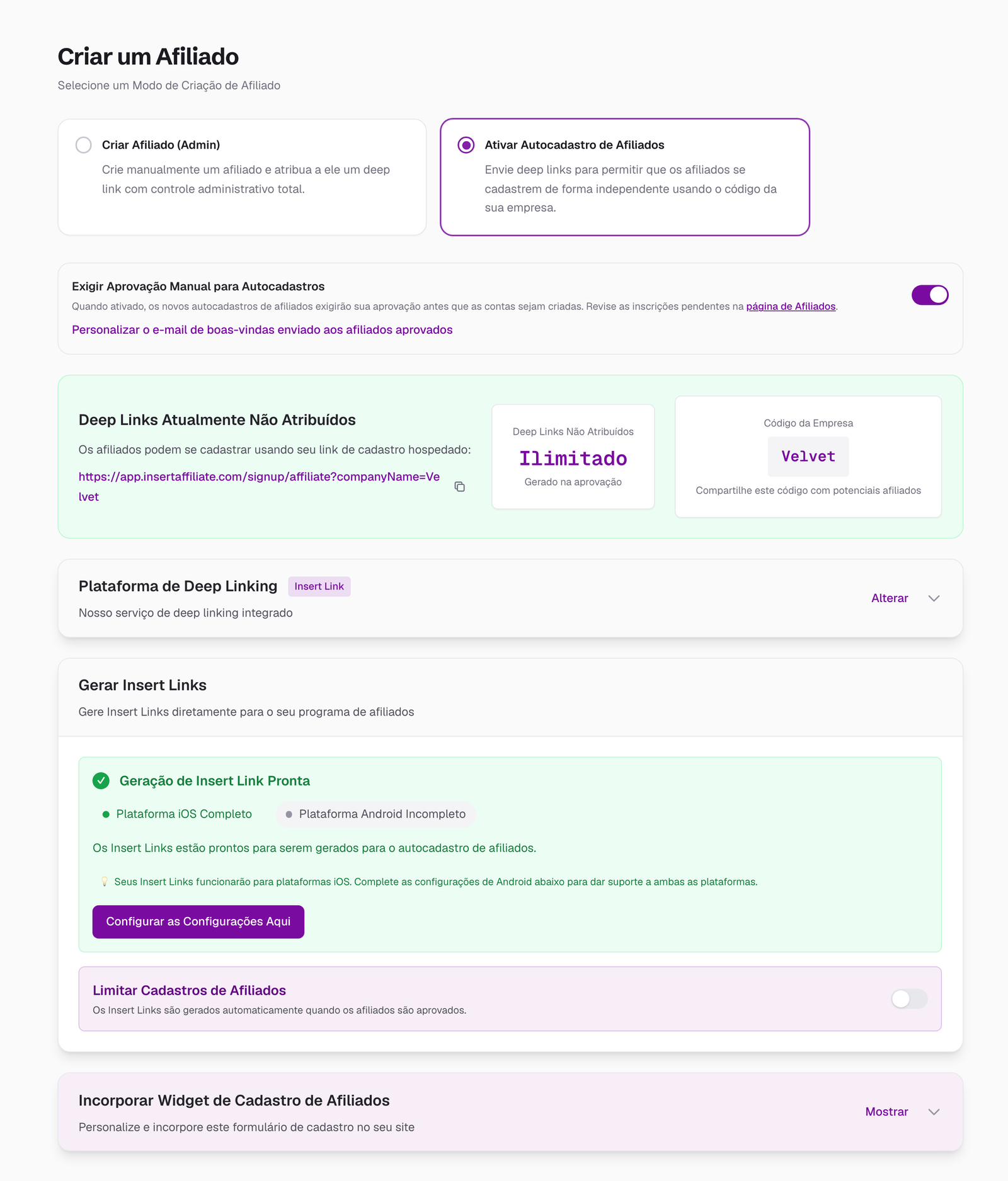 Modo de autocadastro de afiliados na página Create Affiliate, mostrando o link de cadastro hospedado, o código da empresa e a geração automática de Insert Links