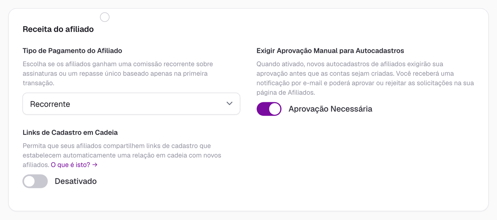 Seção Affiliate Revenue Settings nas configurações do painel da Insert Affiliate mostrando a janela de atribuição de renovação
