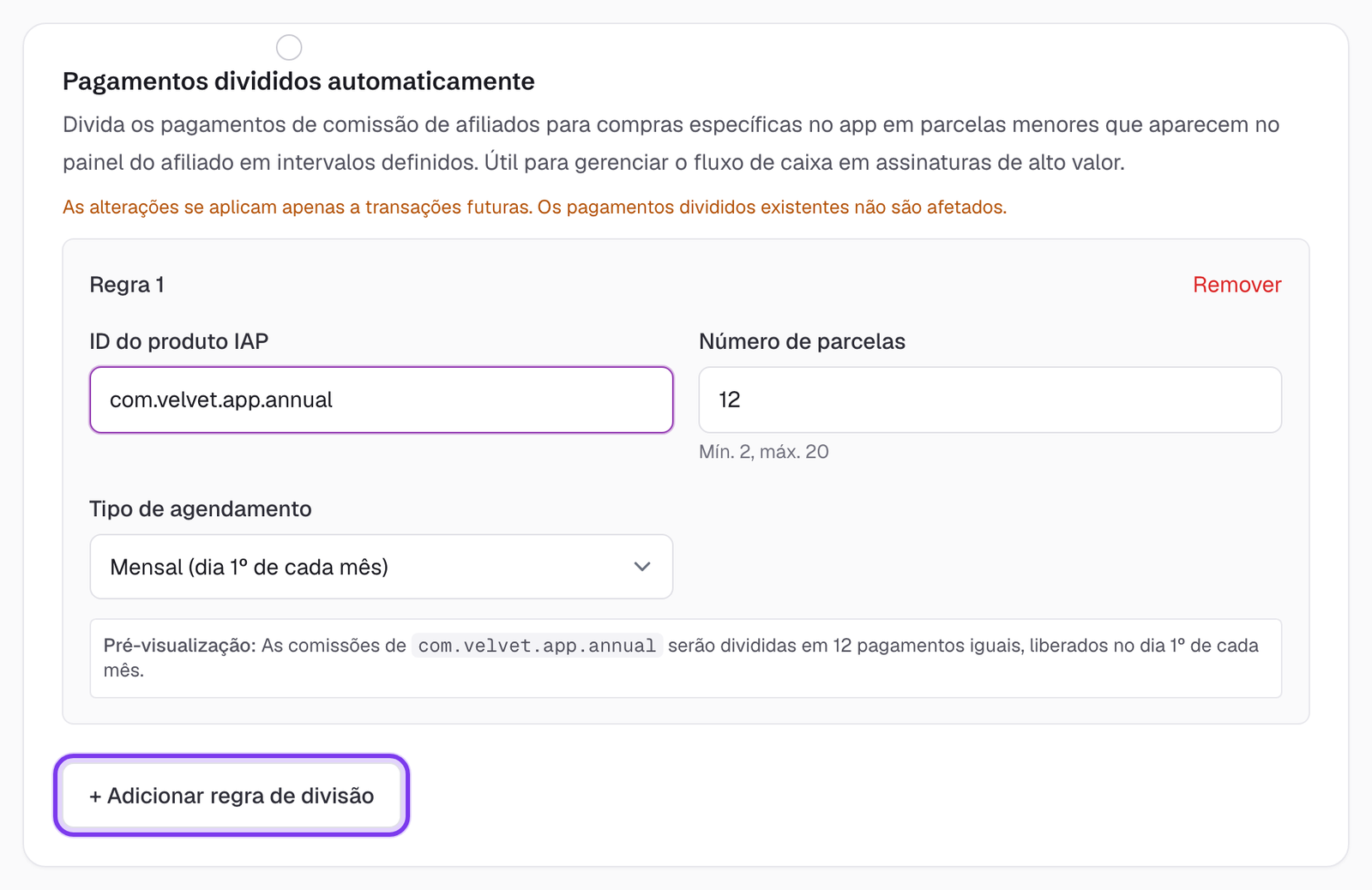 Seção Auto Chunk Payments nas Configurações com uma regra configurada dividindo um produto IAP em 12 parcelas mensais e o botão Add Chunk Rule destacado