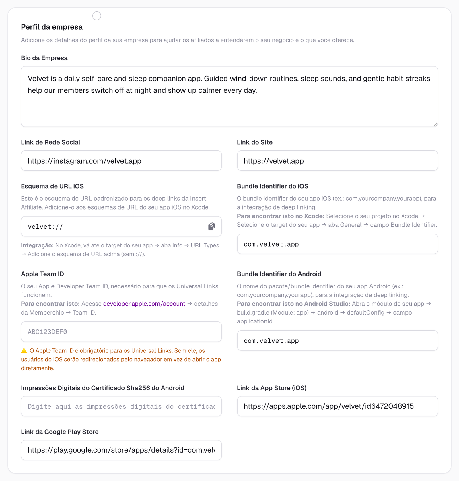 Seção Company Profile nas configurações do painel do Insert Affiliate, onde links do site, URL schemes e bundle identifiers são configurados