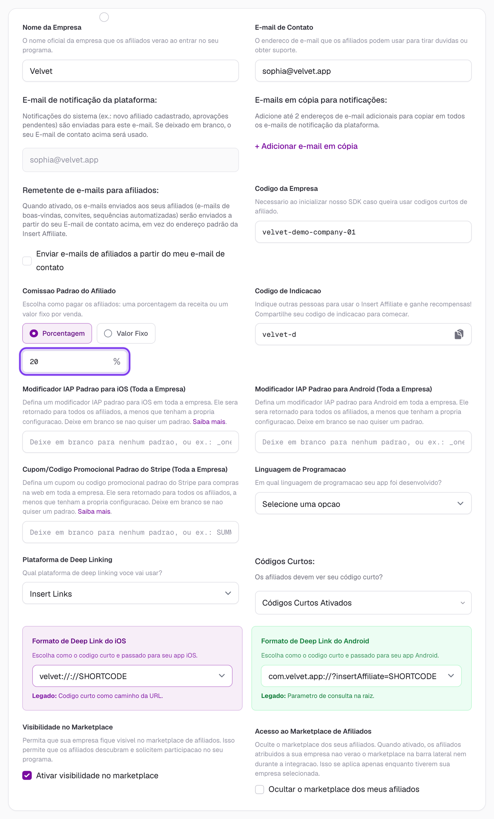 Configurações da empresa no painel da Insert Affiliate com o campo Default Affiliate Commission destacado