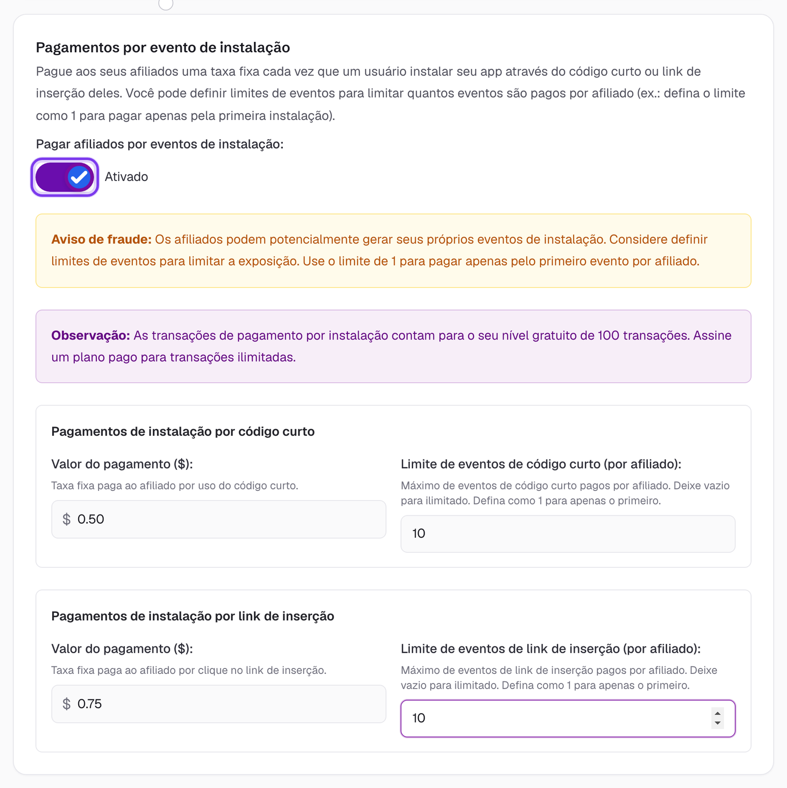 Seção Install Event Payments nas Configurações com a opção ativada, mostrando os campos de valor do pagamento e limite de eventos para instalações por short code e insert link