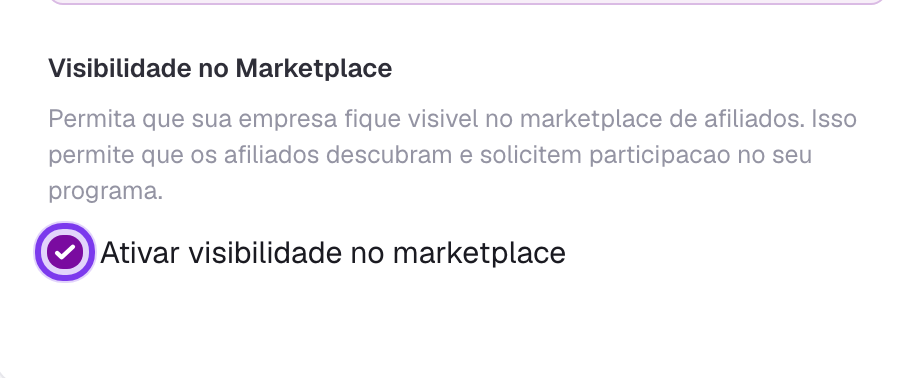 Configuração Marketplace Visibility nas Configurações da Empresa com a caixa de habilitar visibilidade no marketplace marcada e destacada