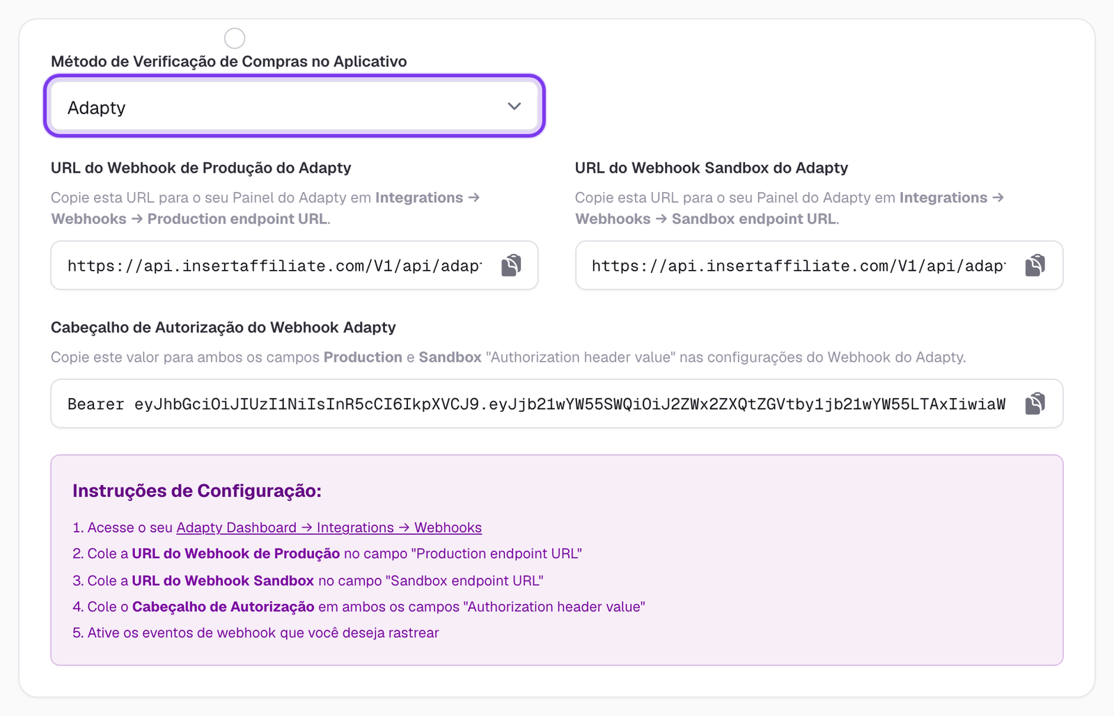 Seção Purchase Verification nas configurações do painel da Insert Affiliate com o menu do método de verificação destacado