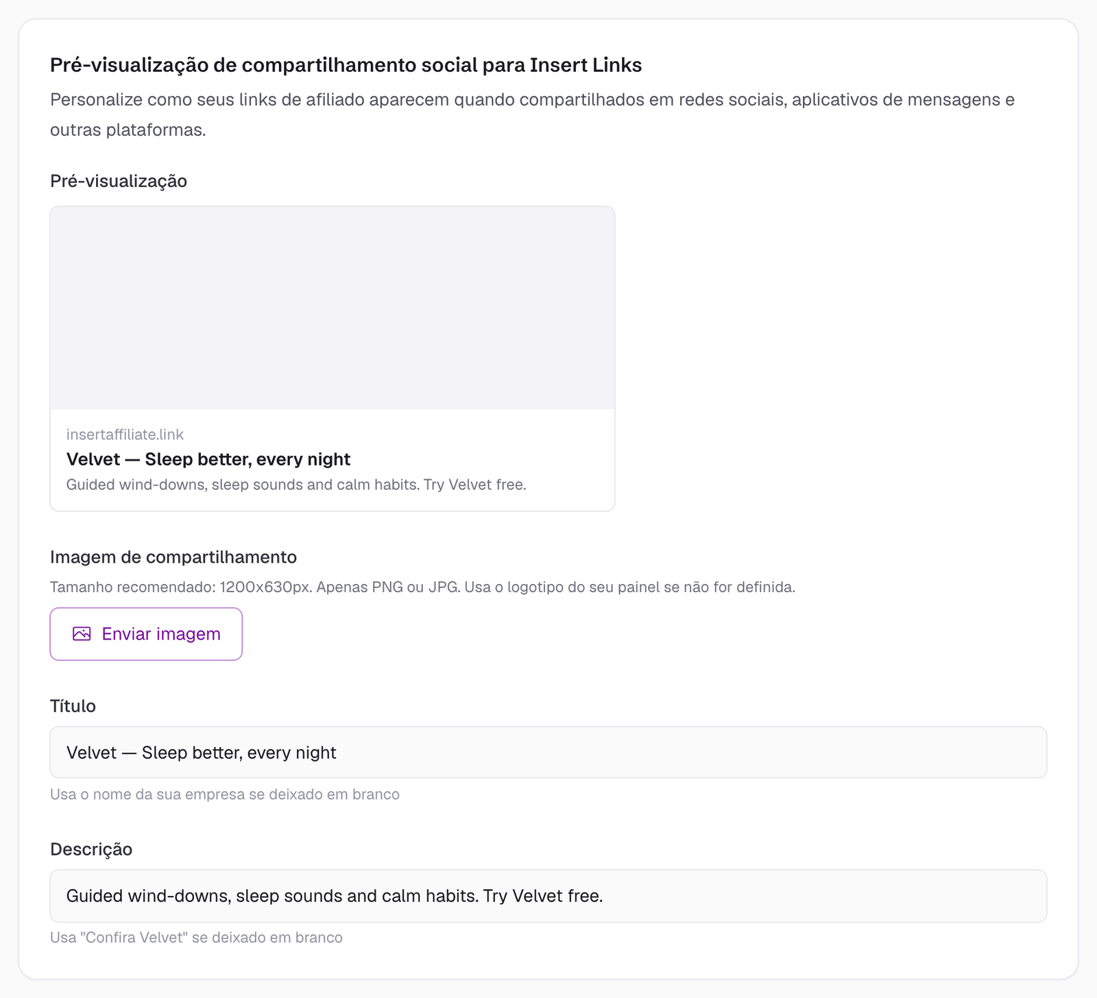 Seção Social Share Preview nas configurações do painel da Insert Affiliate com o cartão de pré-visualização ao vivo e os campos de imagem, título e descrição