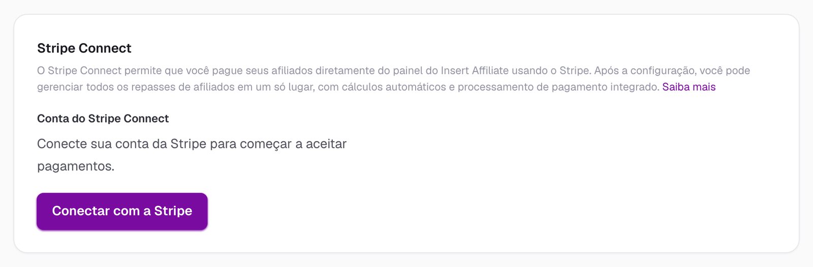 Seção Stripe Connect nas configurações do painel da Insert Affiliate