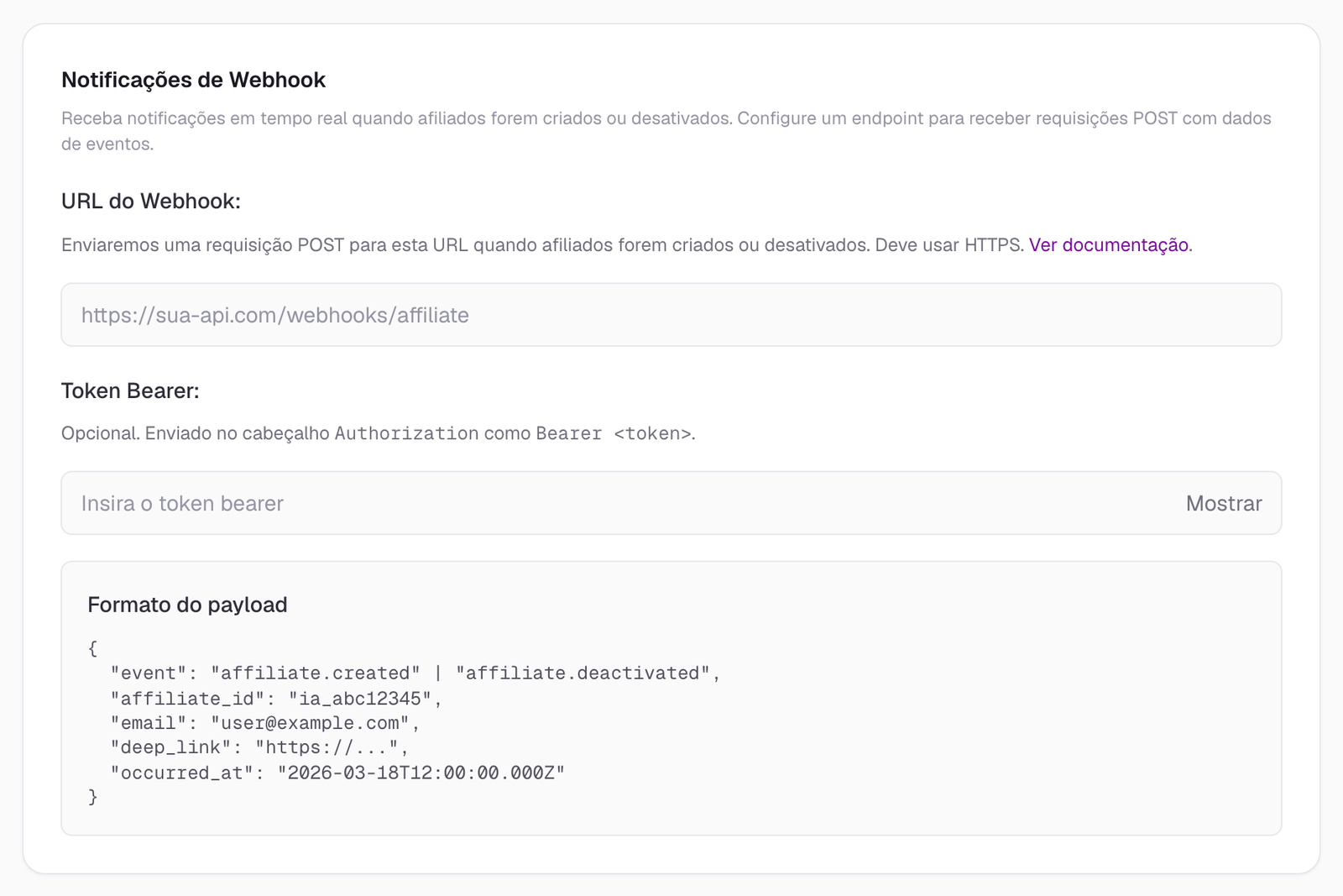 Seção Webhook Notifications nas configurações do painel da Insert Affiliate