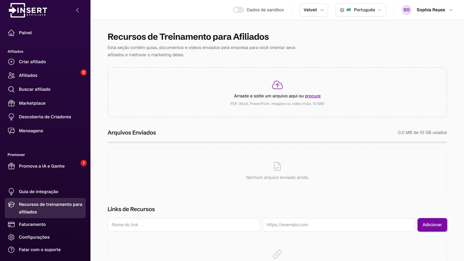 Página de administração de Recursos de Treinamento de Afiliados no painel da Insert Affiliate