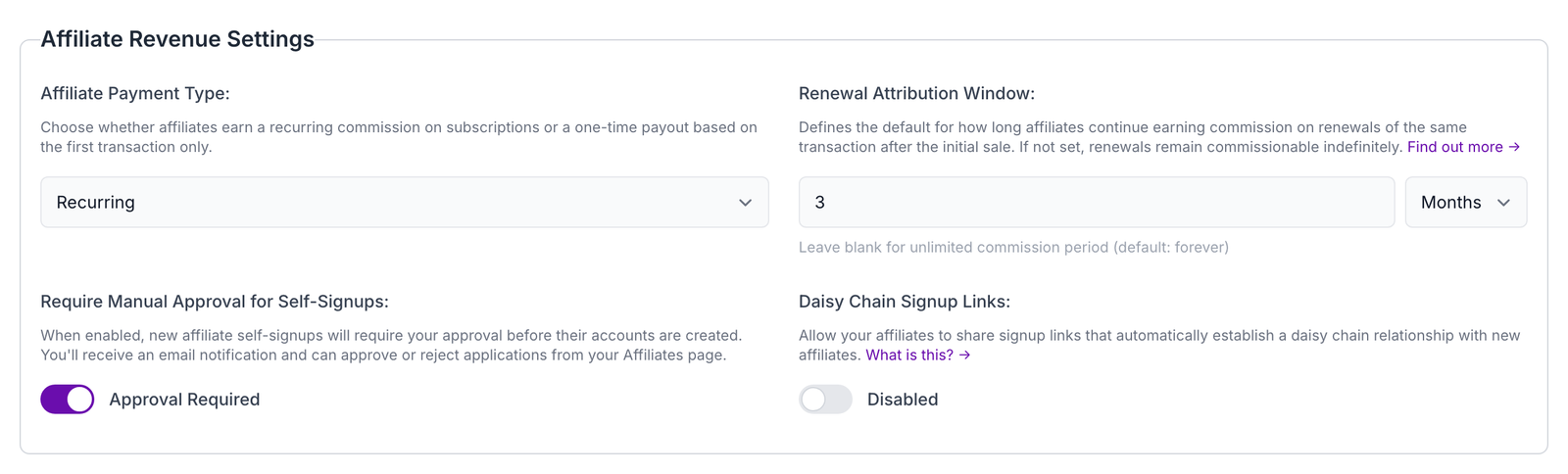 Affiliate Revenue Settings section in the Insert Affiliate dashboard settings showing the renewal attribution window