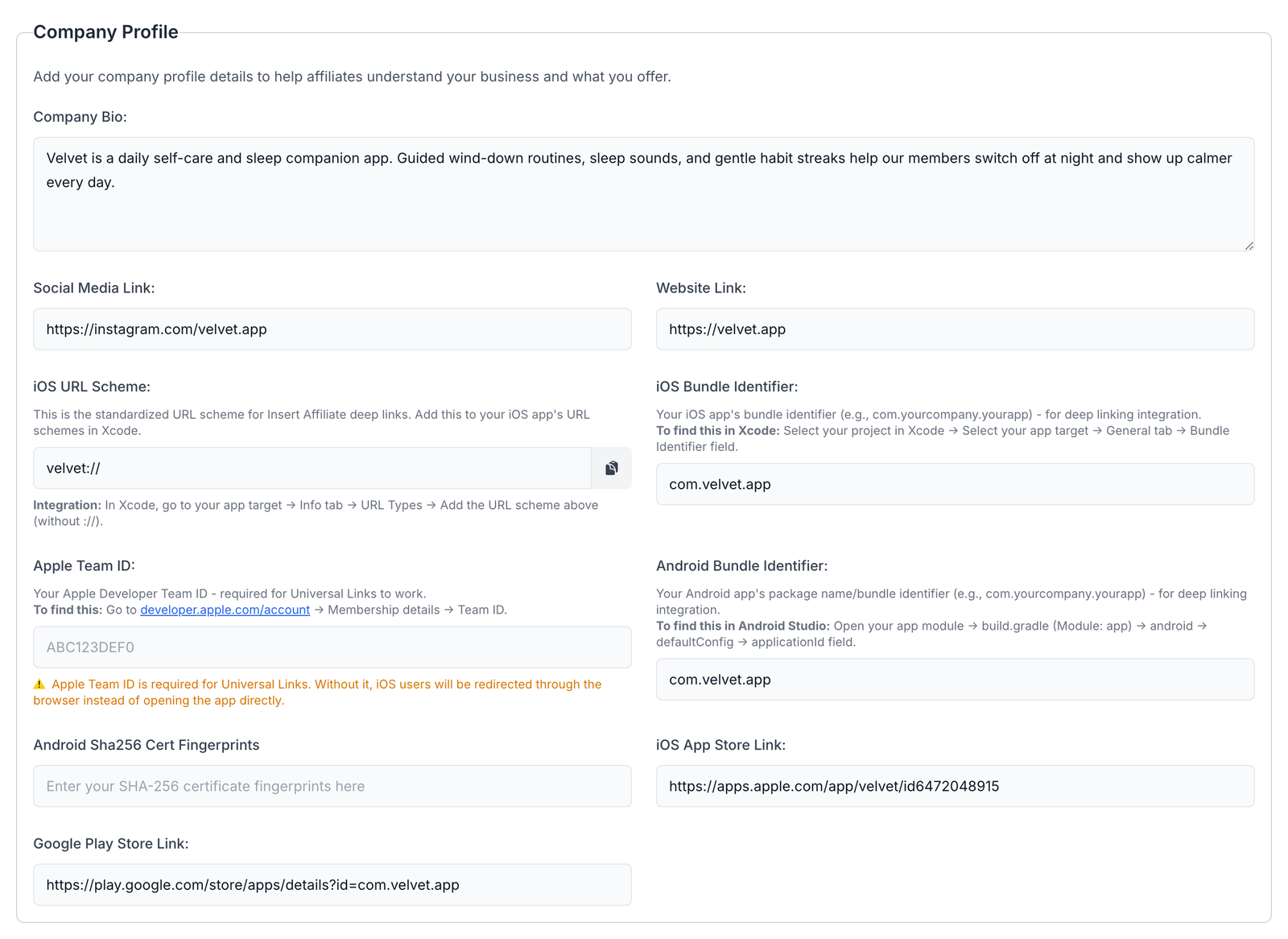 Company Profile section in the Insert Affiliate dashboard settings, where website links, URL schemes and bundle identifiers are configured