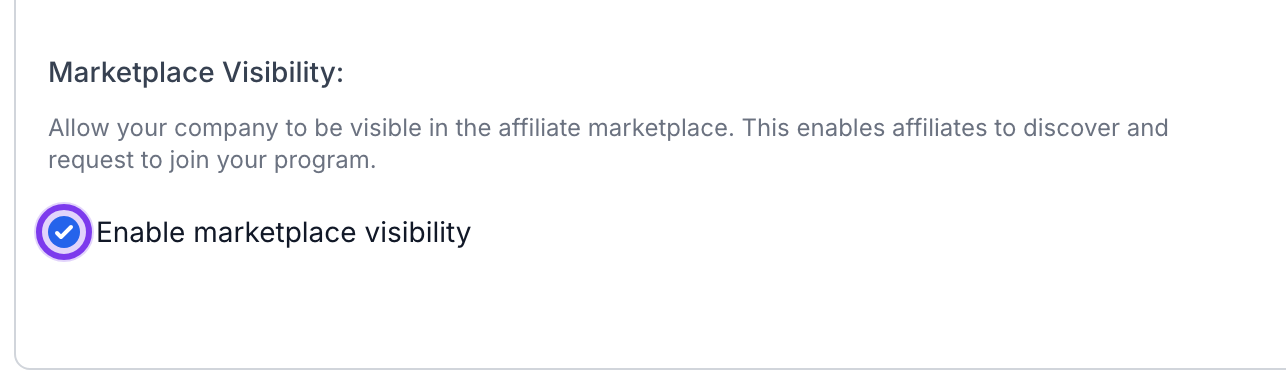 Marketplace Visibility setting in Company Settings with the enable marketplace visibility checkbox ticked and highlighted