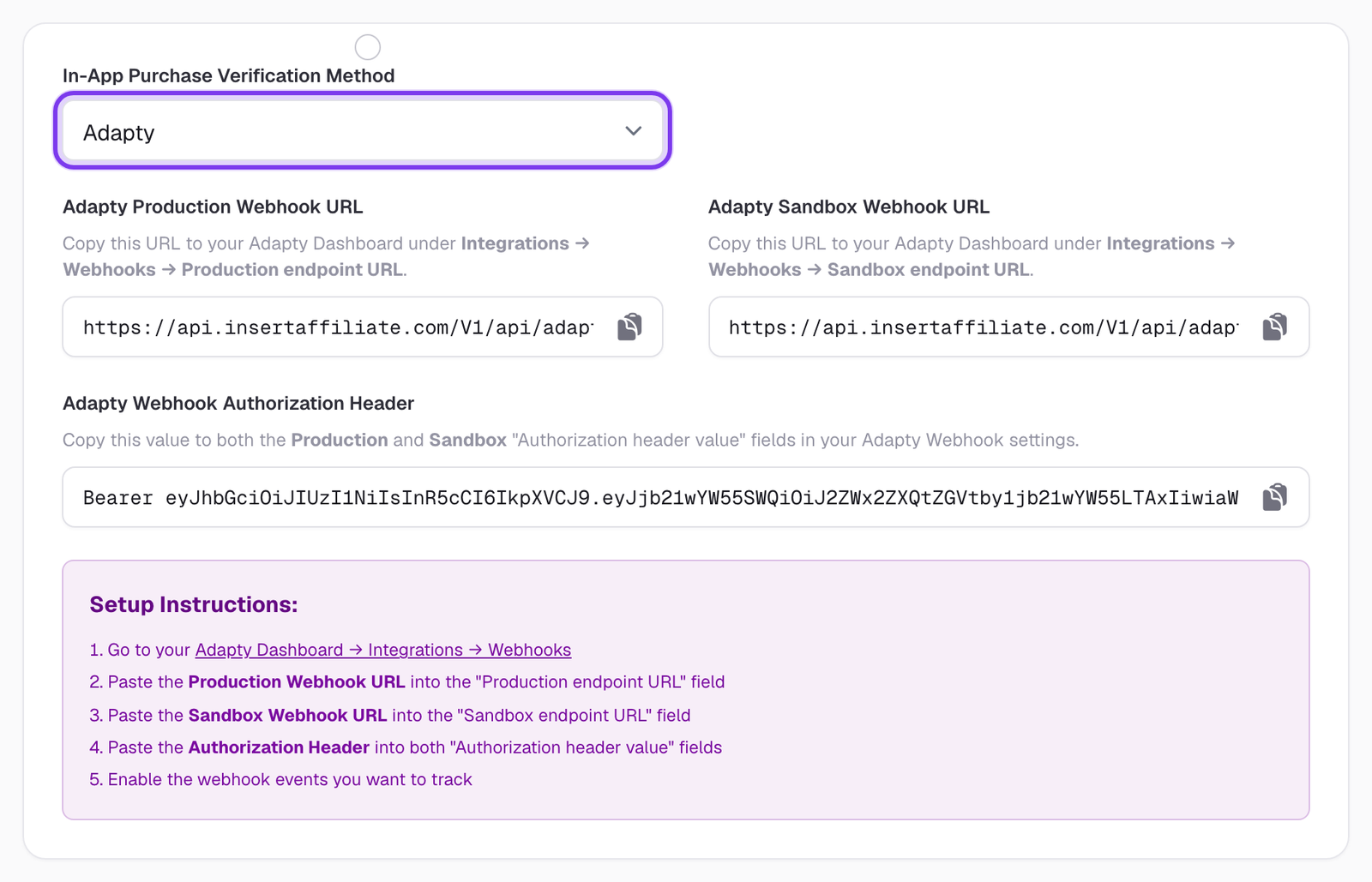 Purchase Verification section in the Insert Affiliate dashboard settings with the verification method dropdown highlighted