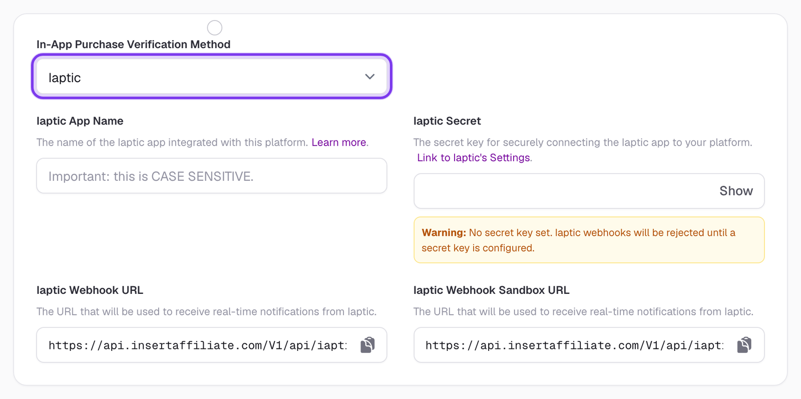 Purchase Verification section in the Insert Affiliate dashboard settings with the verification method dropdown highlighted