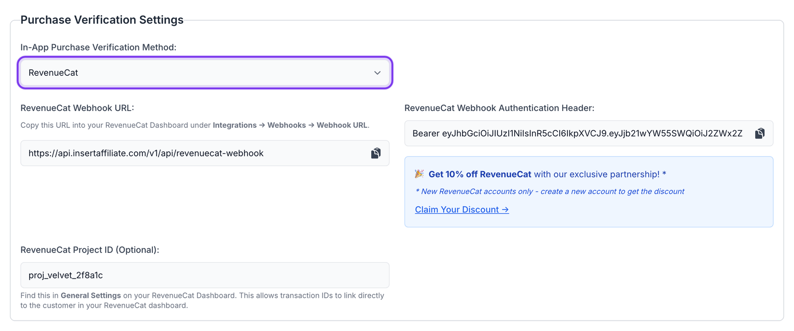 Purchase Verification section in the Insert Affiliate dashboard settings with the verification method dropdown highlighted