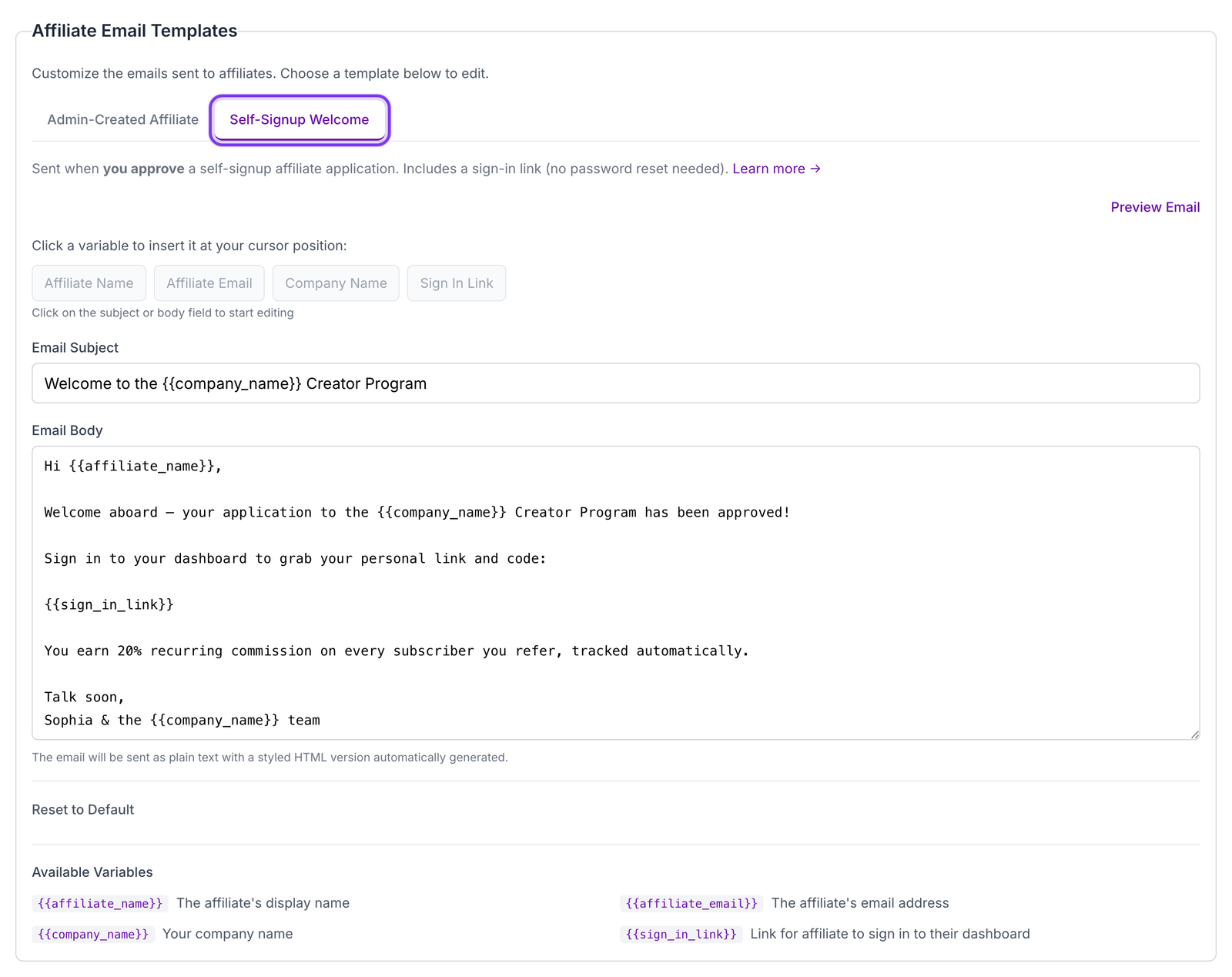 Affiliate Email Templates with the Self-Signup Welcome tab active in the Insert Affiliate dashboard settings
