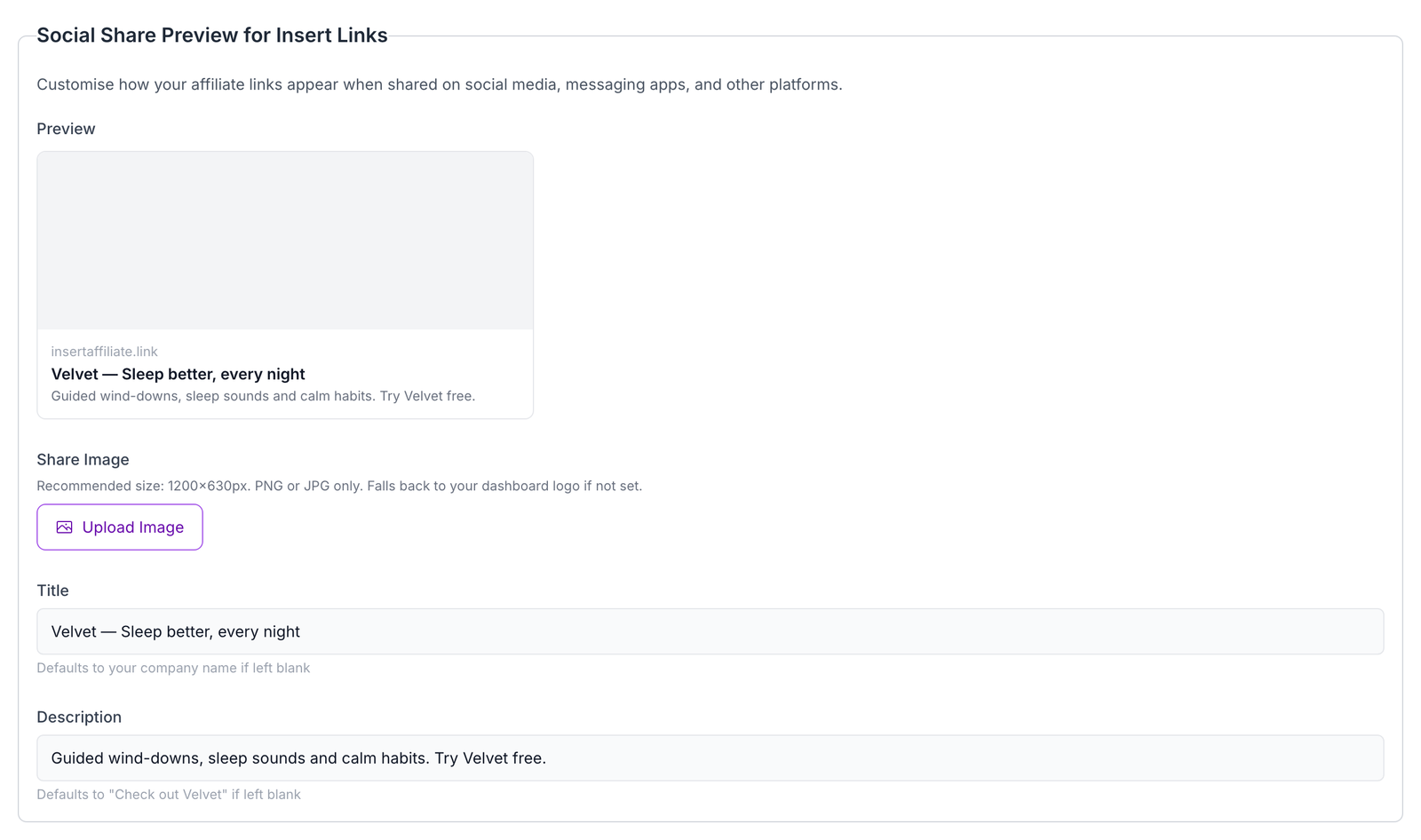 Social Share Preview section in the Insert Affiliate dashboard settings with the live preview card, share image, title and description fields