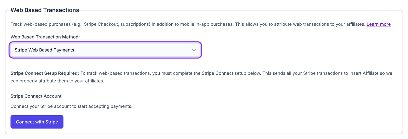 Web Based Transactions section in the Insert Affiliate dashboard settings with the web transaction method dropdown highlighted