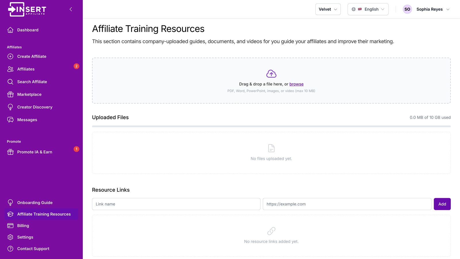 Affiliate Training Resources admin page in the Insert Affiliate dashboard